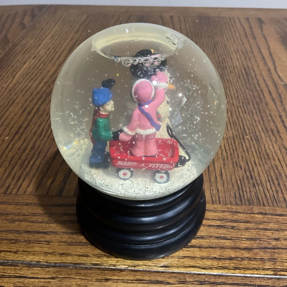 Festive Holiday Snow Globe with kids, wagon & snowman Black Base
